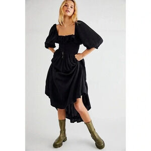 NWT Free People Oasis Smocked Square Neck Maxi Dress Black